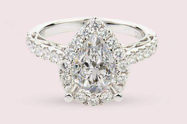 18kt White Gold Pear Halo Engagement Ring With Hand Engraving (Recently Sold)
